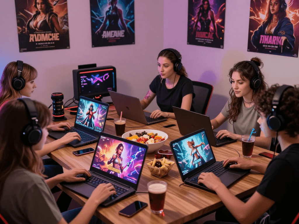 Players enjoying female porn games in an inviting gaming room, showcasing diverse characters and vibrant graphics.
