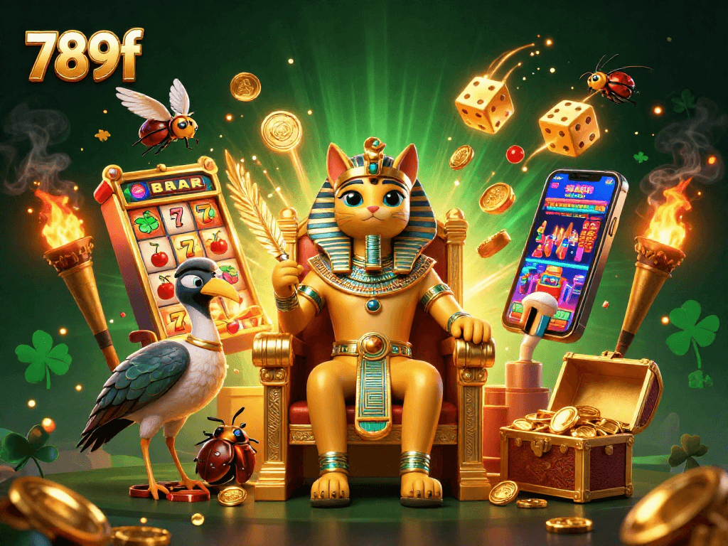 Engage in thrilling gameplay at 789f with a vibrant scene featuring a golden jackpot explosion and unique characters.