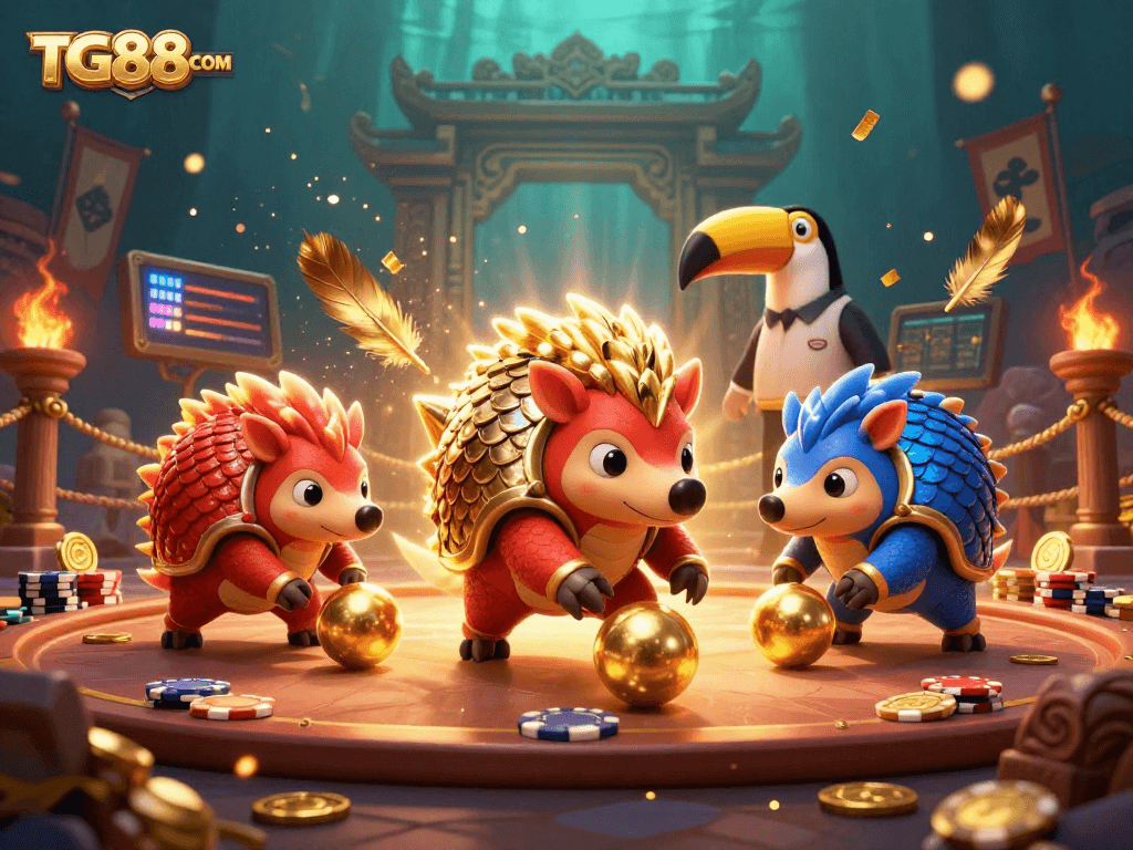 Watch TG88COM pangolins roll golden balls in a vibrant casino setting filled with poker chips.