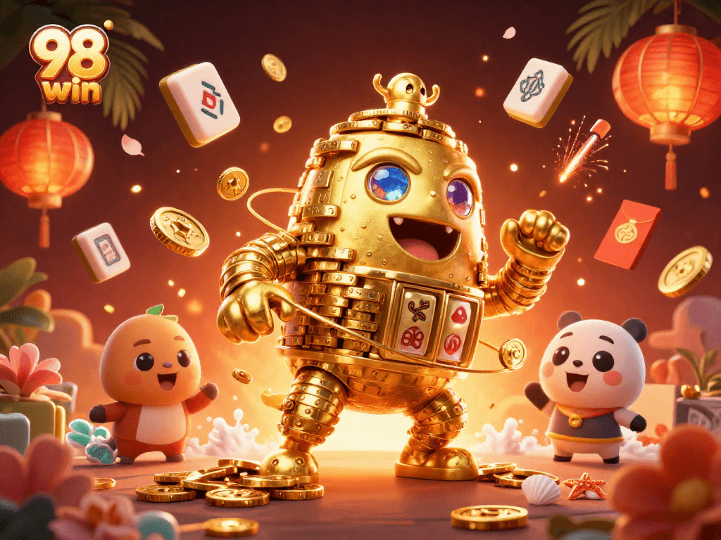 Experience dynamic 98 win gaming action with a golden golem and festive casino elements.