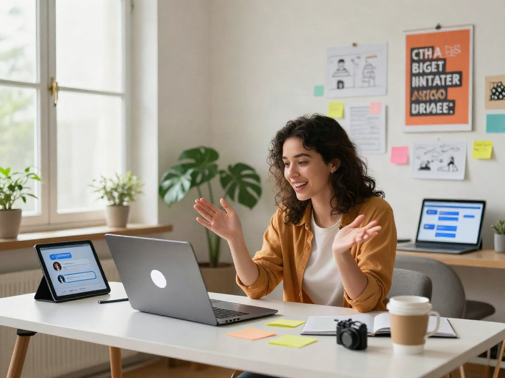 Engaged professional woman discussing with spicy chat ai in a modern home workspace.