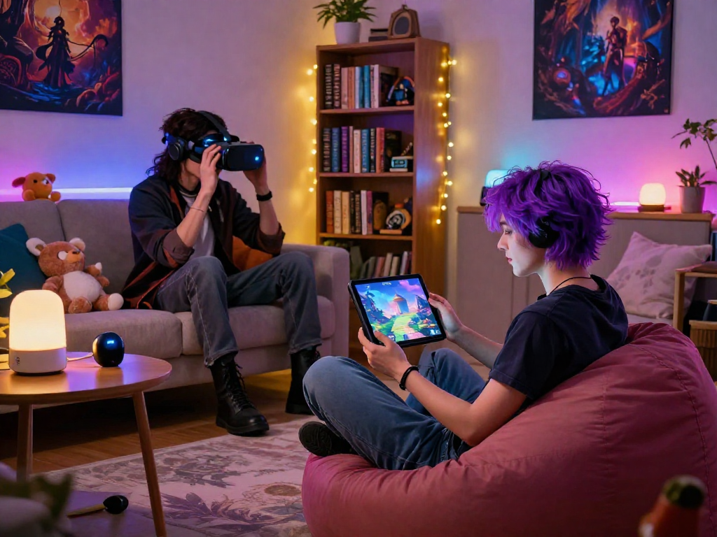Engaging nsfw AI roleplay scene featuring characters in a cozy, ambient room filled with fantasy-themed decor.