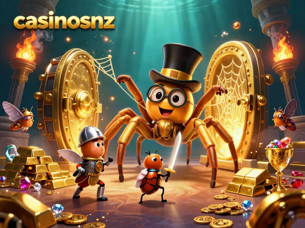 Experience the thrill of casinosnz with a vibrant illustration of a golden tarantula and a brave beetle knight.