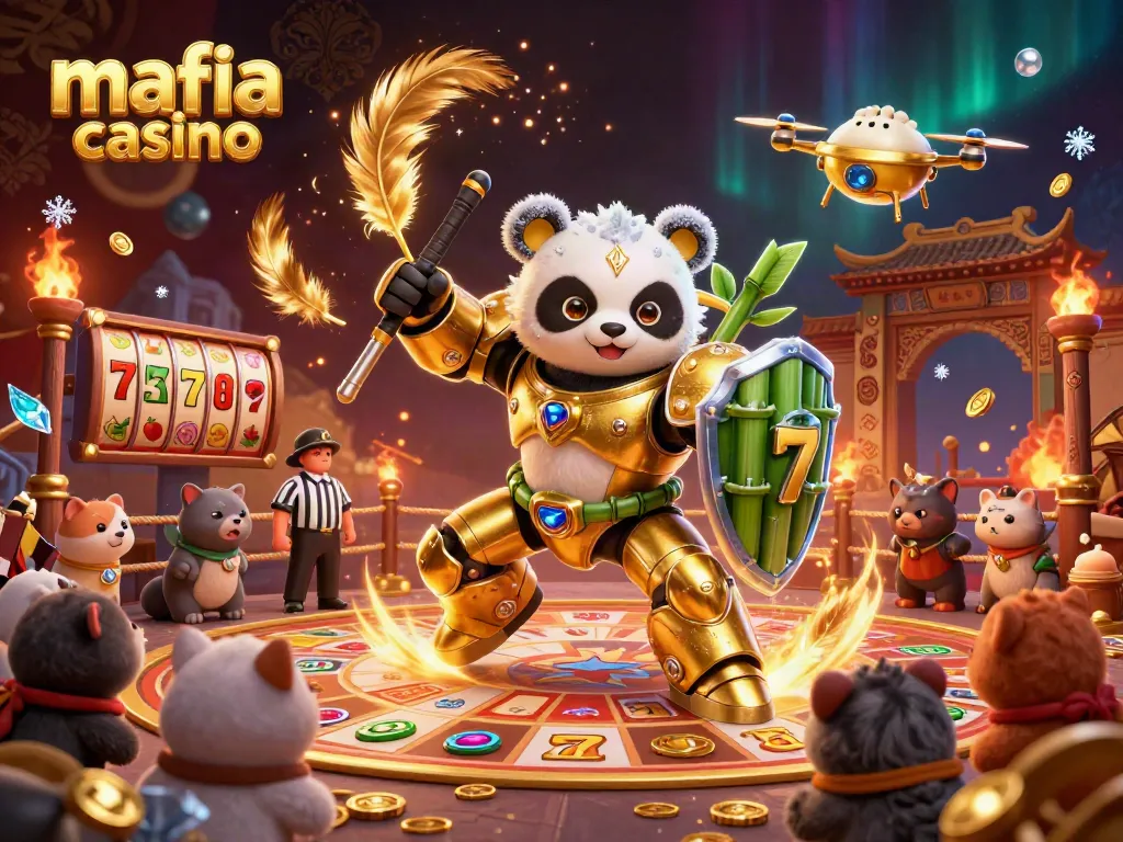 Mafia casino casino showcases a vibrant 3D illustration of a golden panda in a mech-suit at a dynamic slot arena.