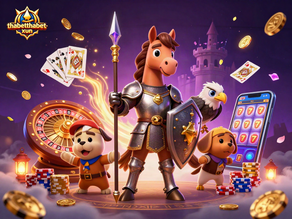 thabetthabet-xun captures a lively casino scene with a knight and companions amidst magical elements.