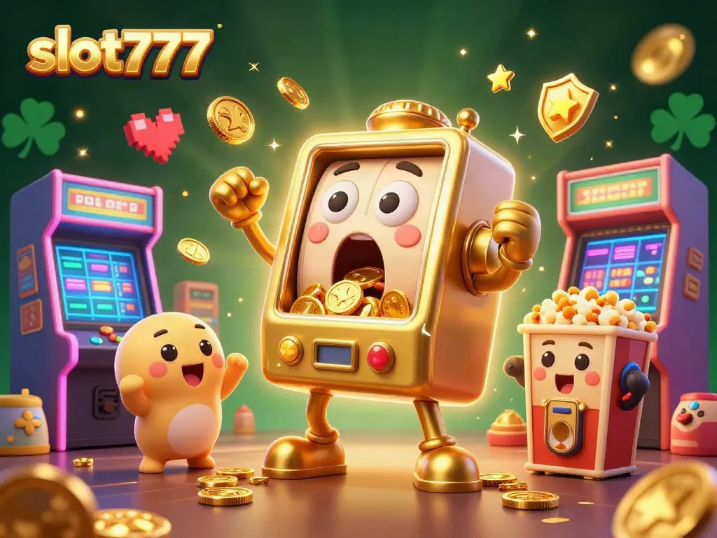 Engage with slot777's vibrant world as a golden slot machine wins big amidst cheering mini machines.