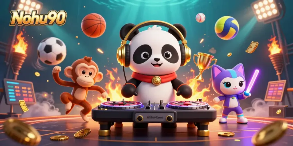Nohu90 offers an energetic casino experience with a DJ panda, breakdancing monkey, and glowing kitten.