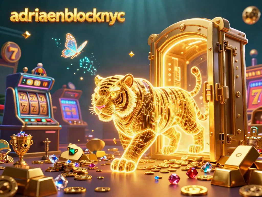 Engage with adriaenblocknyc's thrilling 3D casino landscape, featuring vibrant slot symbols and neon elements.