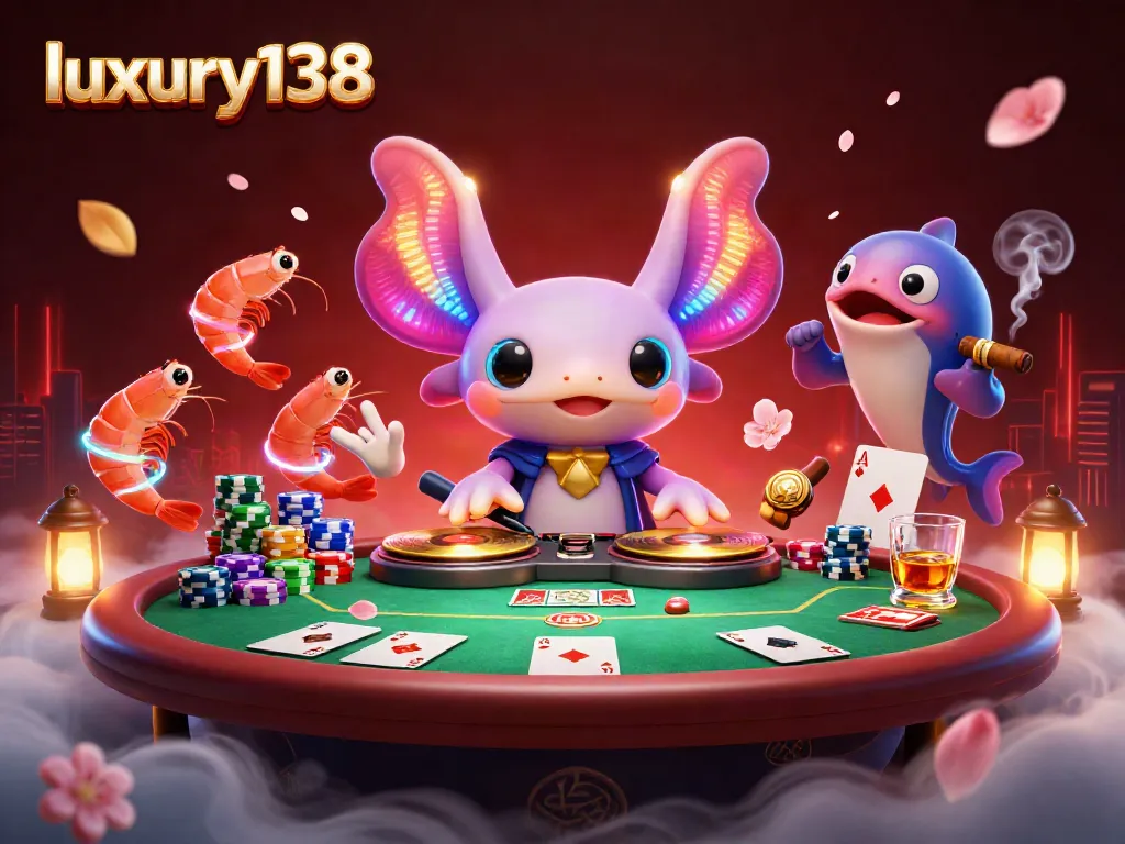Experience luxury138 with a vibrant axolotl DJ spinning undersea while poker chips and cards decorate the scene.