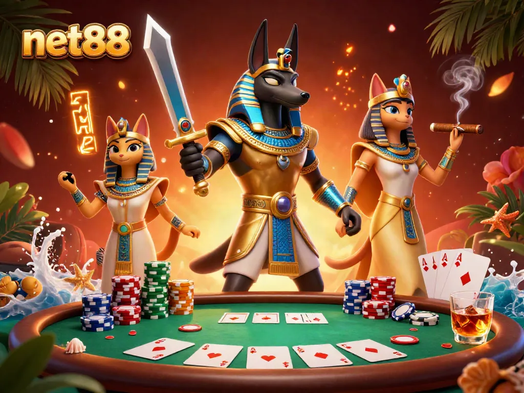 Experience thrilling gameplay with net88, featuring a dynamic poker scene and Egyptian-themed characters.