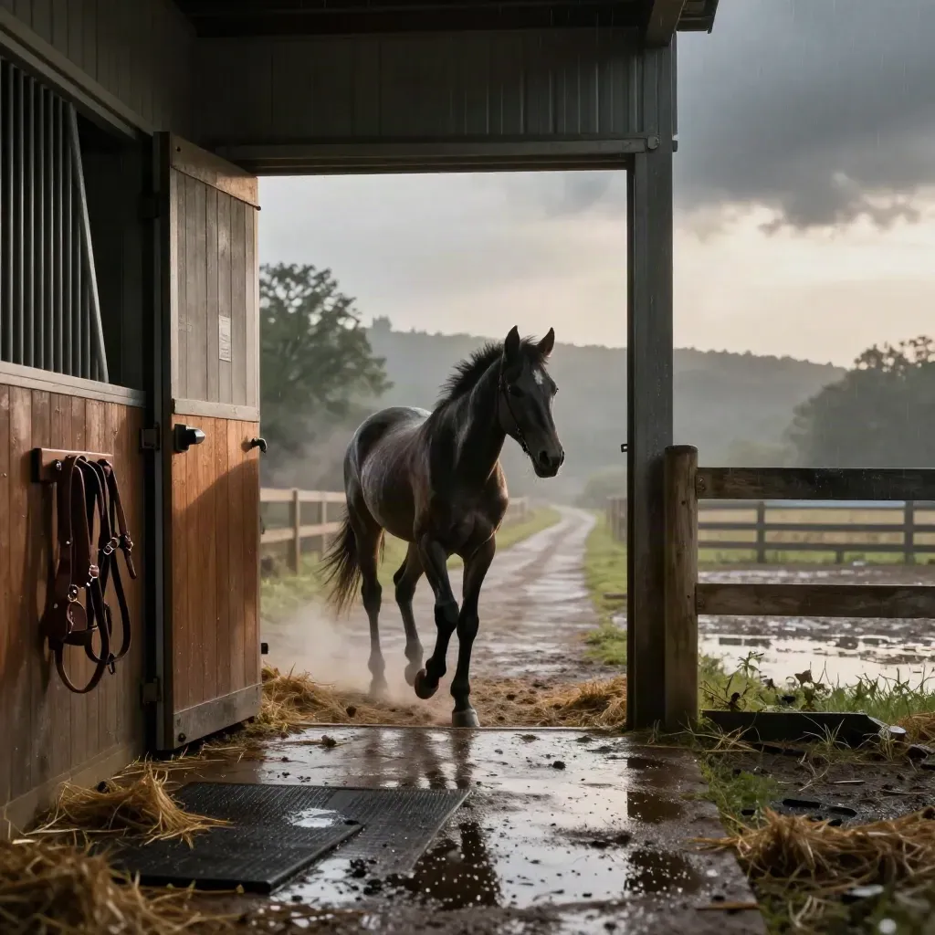Cavallo nero giovane sulla soglia della scuderia, paddock bagnato e bosco dopo il temporale.