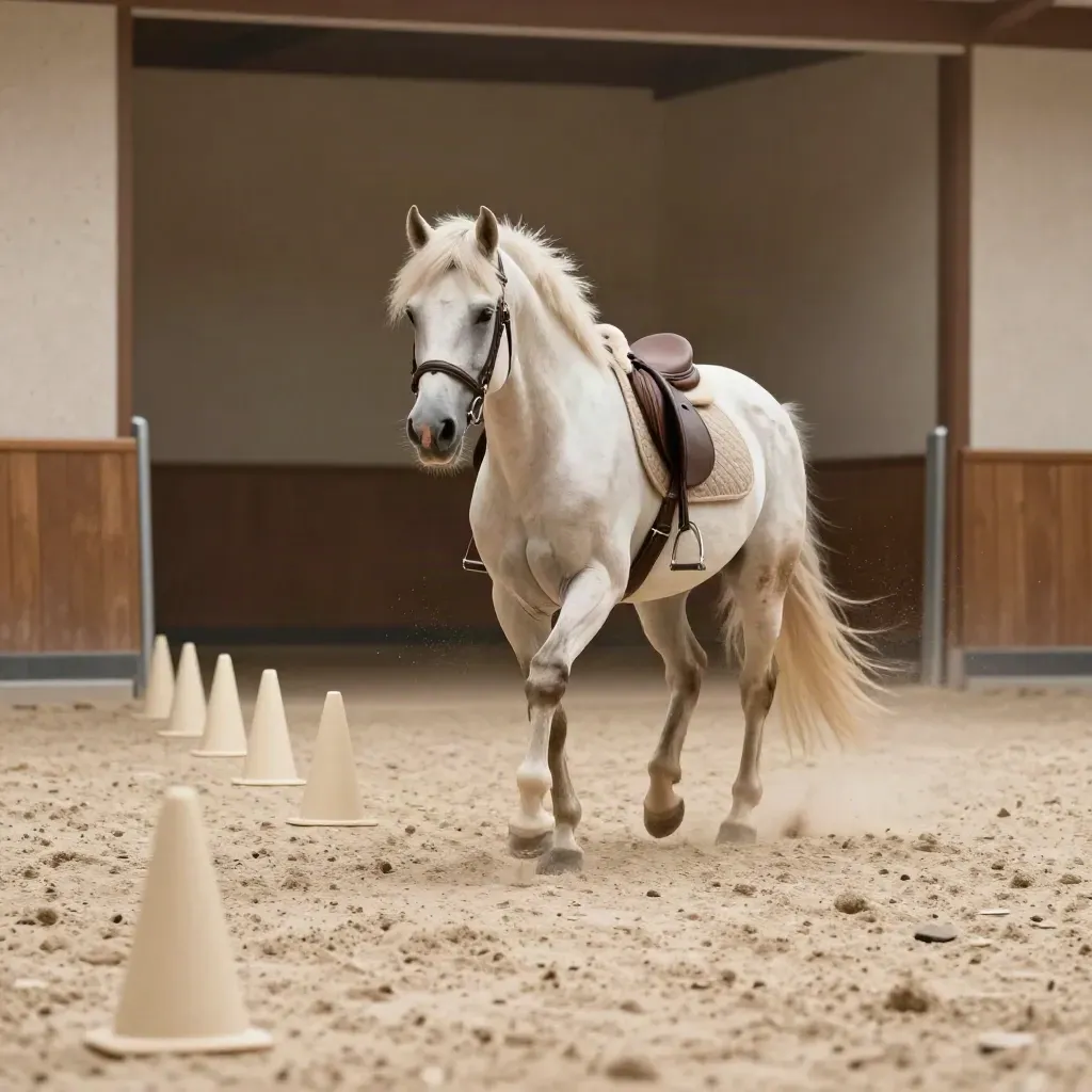 Pony al passo tra coni bassi in arena coperta, con polvere sospesa e luce calda.