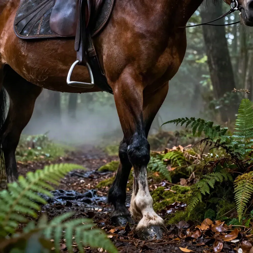 Cavallo sellato sul sentiero del bosco umido, tra foschia, foglie e tronchi scuri.