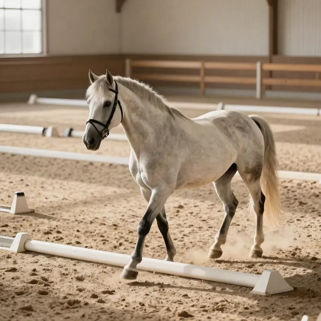 Cavallo grigio chiaro al passo in arena con cavaletti bassi e luce calda.