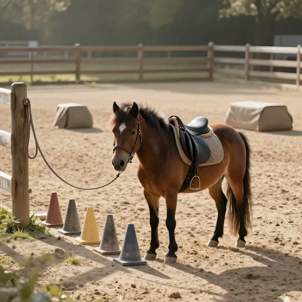 Pony calmo con mini sella e coni bassi in un paddock sicuro al tramonto