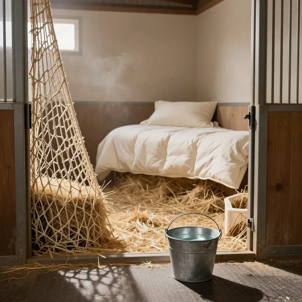 Box pulito con rete da fieno piena, acqua fresca e lettiera rasata, luce calda del tardo pomeriggio.