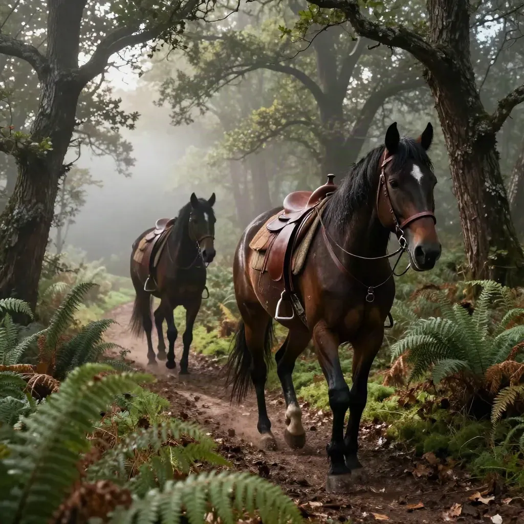 Due cavalli sellati su un crinale nel bosco, tra querce, felci e foschia del rientro.