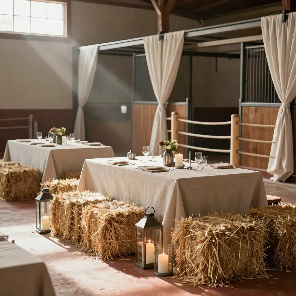 Allestimento elegante in scuderia con tavoli in lino, lanterne e balle di fieno per eventi.