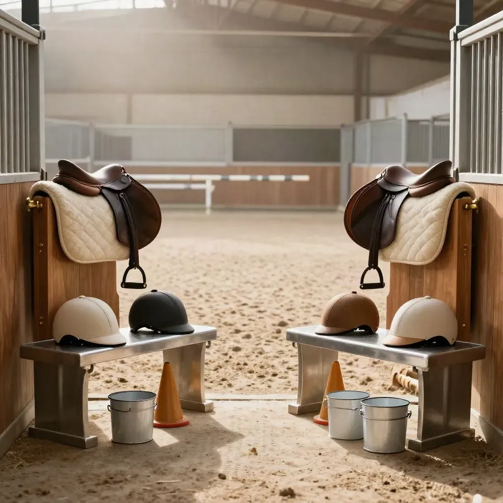Doppia postazione pony in scuderia, selle leggere, caschi piccoli, coni e secchi pronti.