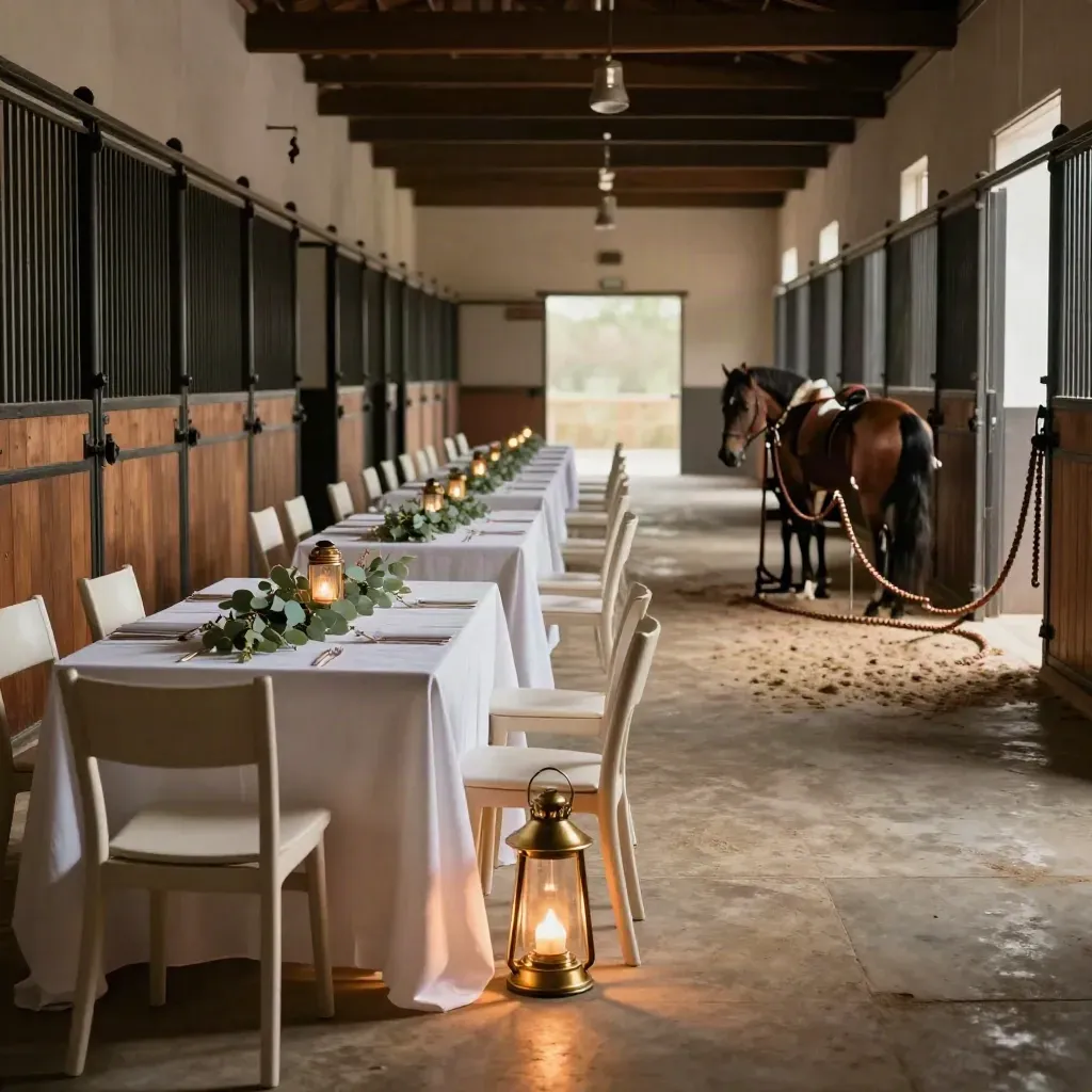 Festa privata in scuderia con tavoli bianchi, lanterne basse e area pony pronta.