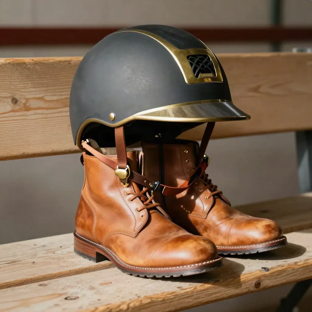 Casco da equitazione, stivaletti puliti e cavezza su panca di legno in luce calda