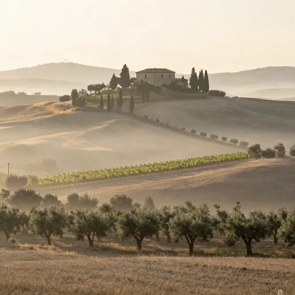 Colline toscane all’alba con cipressi, villa in pietra e vigneti nella bruma