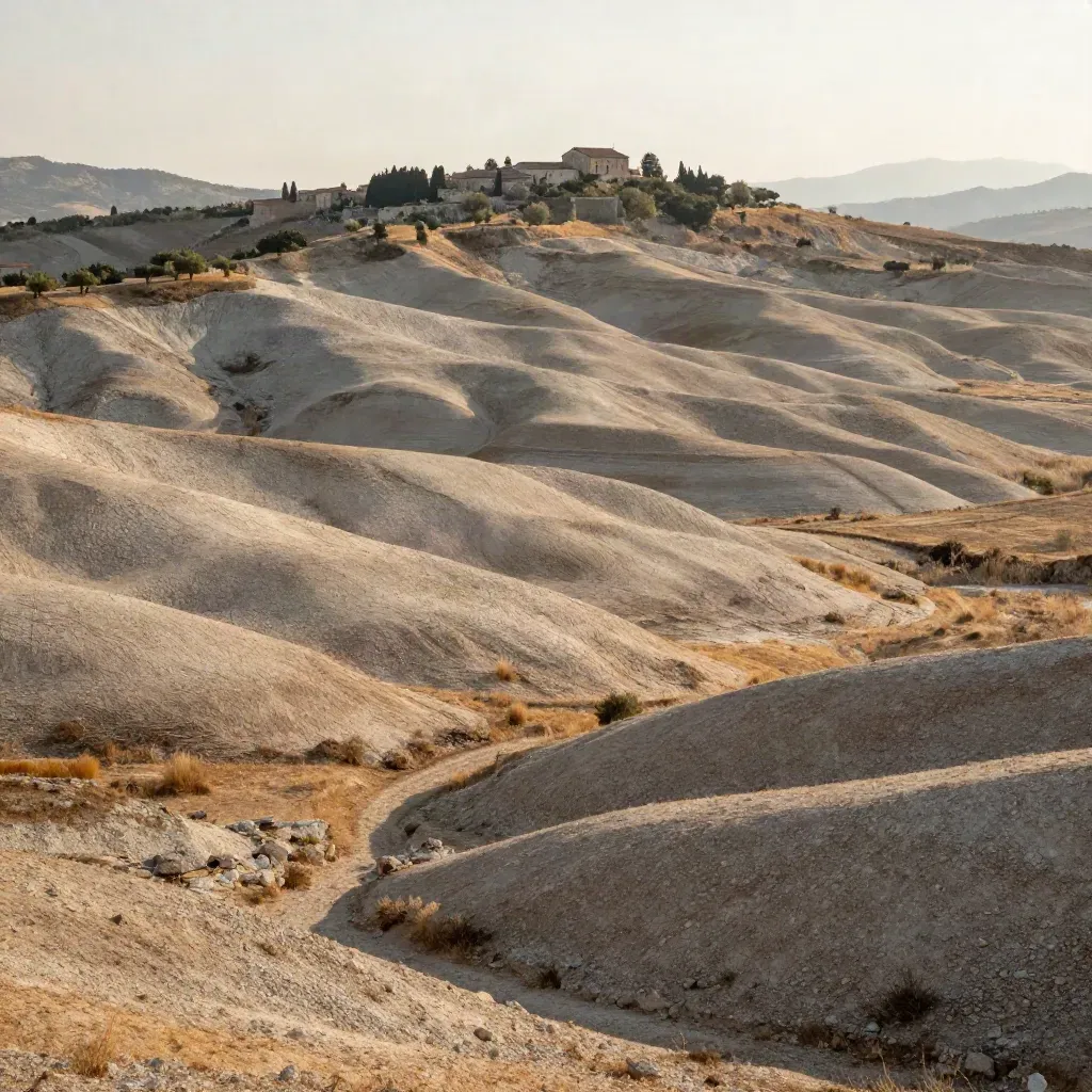 Crete Senesi con borgo in collina, fattoria lontana e campi morbidi nella caligine