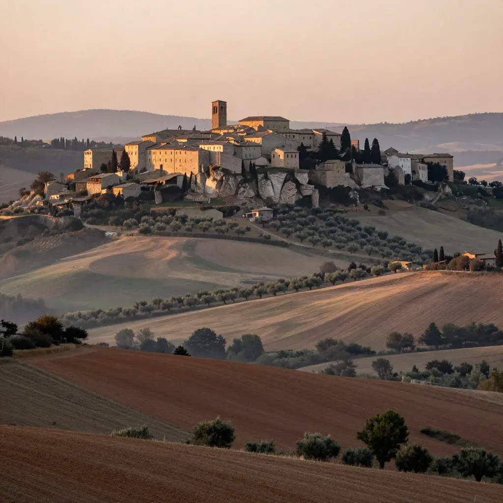 Orvieto sulla rupe al crepuscolo con colline umbre e laziali, olivi e campi morbidi.