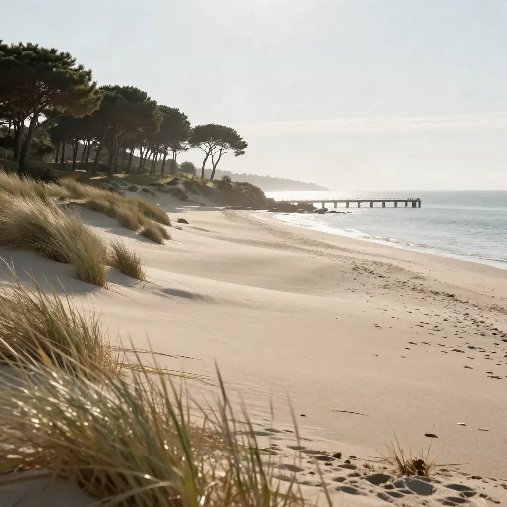 Costa toscana al tramonto con pineta, dune chiare, mare velato e un molo lontano.