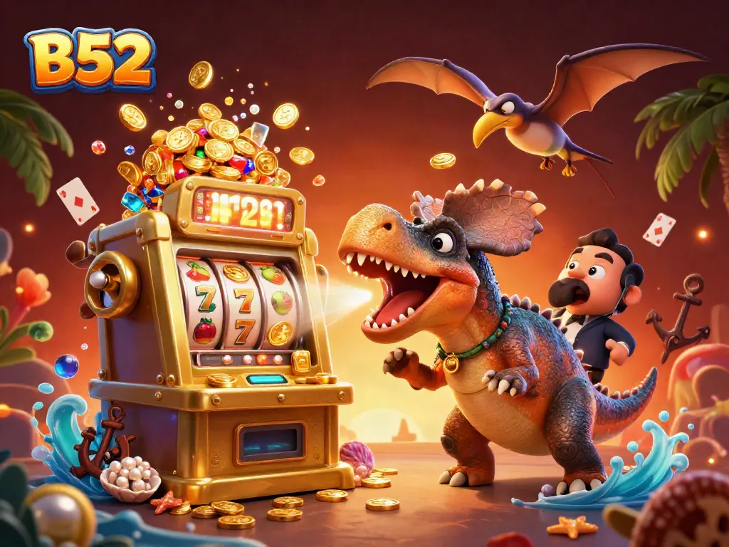 B52 slot machine thrills with a dinosaur hitting jackpot and coins raining down, bringing gaming excitement.