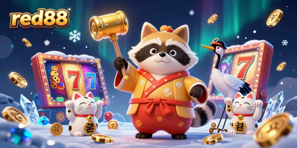 Engaging gameplay at red88 showcases lucky tanuki and crane with slot elements in a vibrant illustration.
