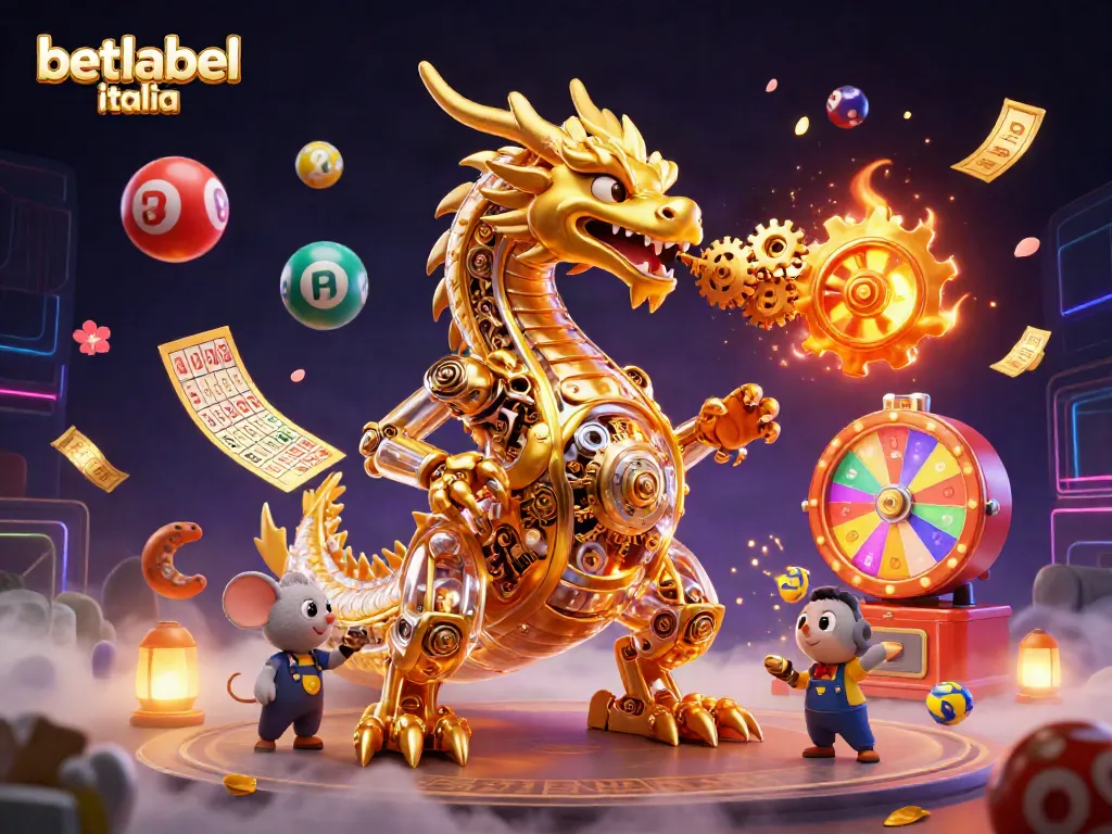 Betlabel Italia showcases a colorful scene with a dragon, maintenance mouse, and dynamic lottery elements.