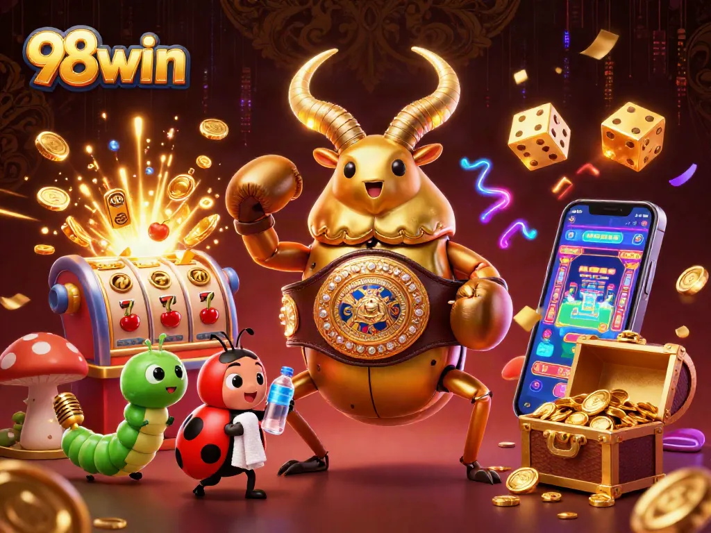 Join the excitement of 98win as a golden stag beetle battles with slot machines exploding coins and lights.