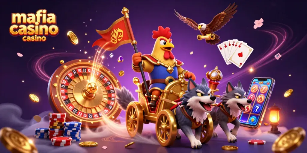 Experience thrilling gameplay at mafia casino casino with a vibrant dynamic scene of a rooster warlord and gaming elements.