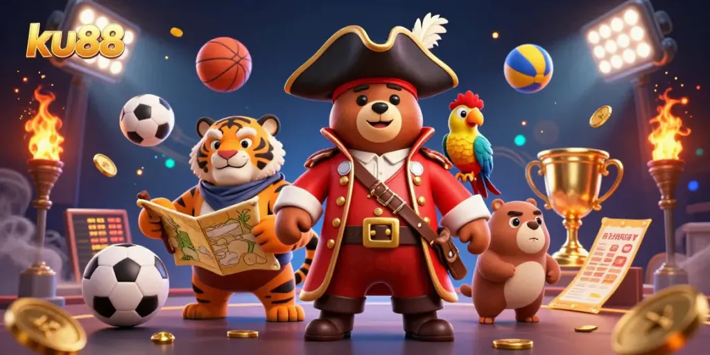 Experience the excitement with ku88, where pirate-themed characters meet sports betting in a vivid casino setting.