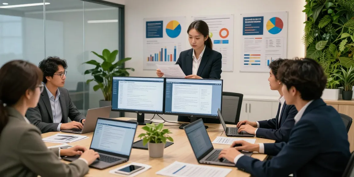 Document fraud detection in action with team analyzing digital records in a modern office.