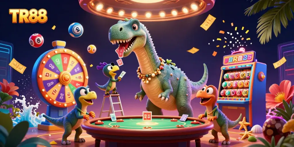 Engage in thrilling casino fun with TR88 as a giant brontosaurus watches over a vibrant poker table.