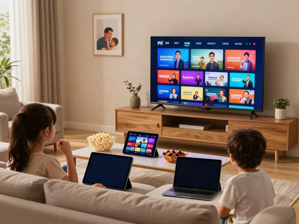 Family enjoying Miglior IPTV in a cozy living room, streaming movies and sports.